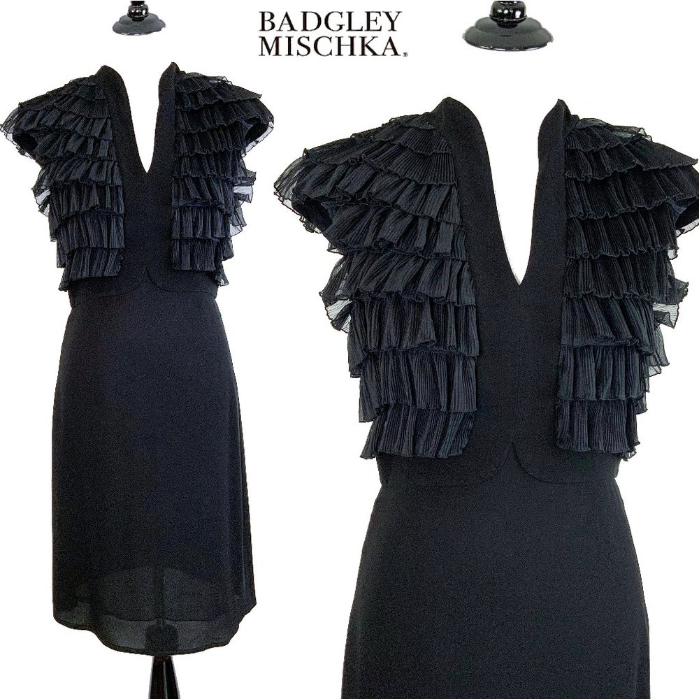 Vintage Badgley Mischka Black Tiered Ruffle Cocktail Party Dress Size 6